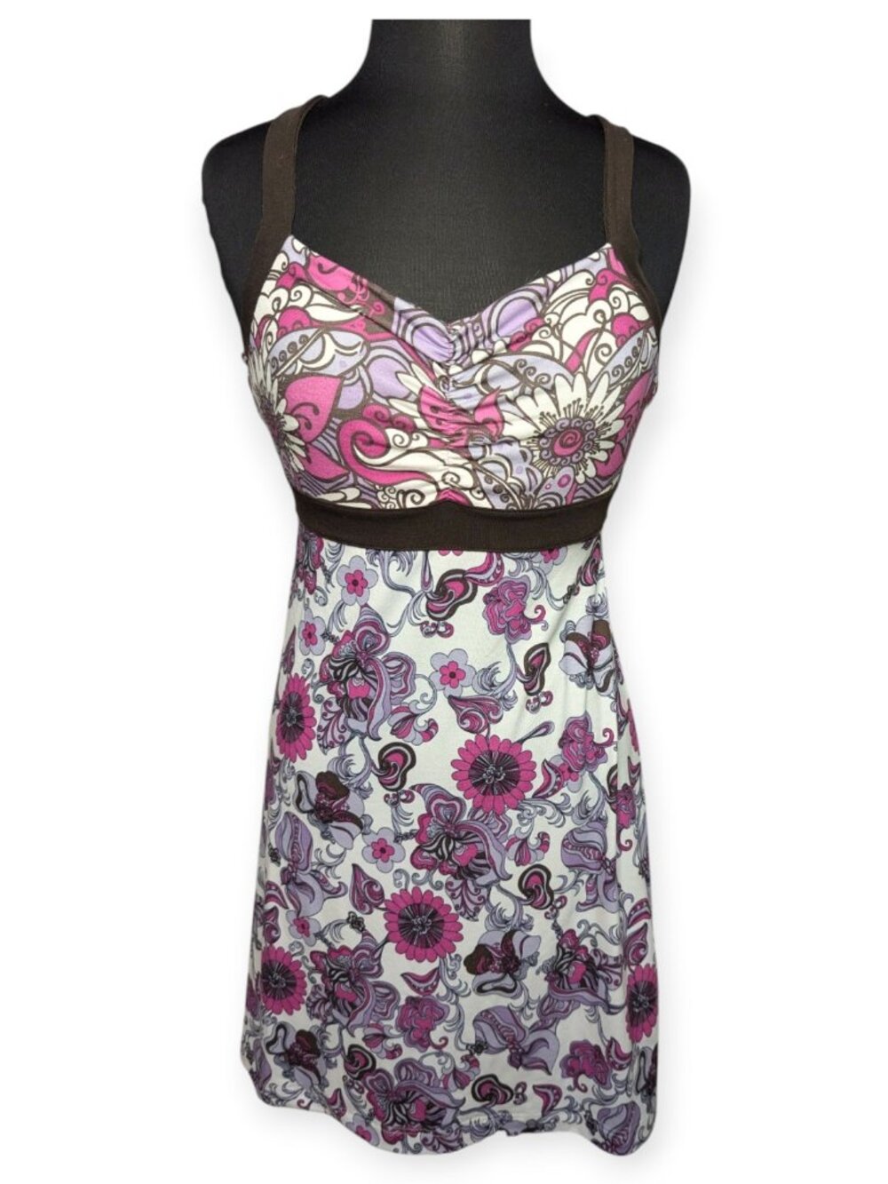 Prana Sleeveless Floral Pink & Lavender Empire Waist Dress Size Medium